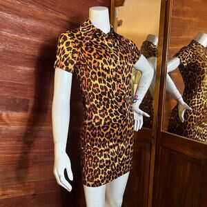 VINTAGE 70s Leopard Print Mini Gogo Dress Size 2 Dagger Collar Mod Glam
